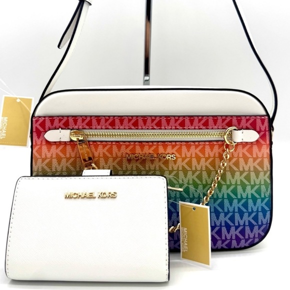 Michael Kors Large Signature Logo Crossbody Bag & Matching Bifold Wallet Rainbow - Picture 1 of 15
